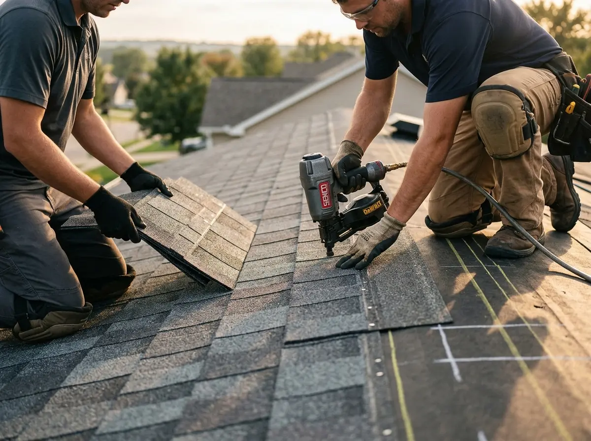 Professional roofer working on a residential roof in Ruidoso